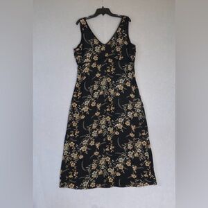 Old Navy Midi Tank Dress Women's Sz 16 Black Floral Double V-Neck Sleeveless